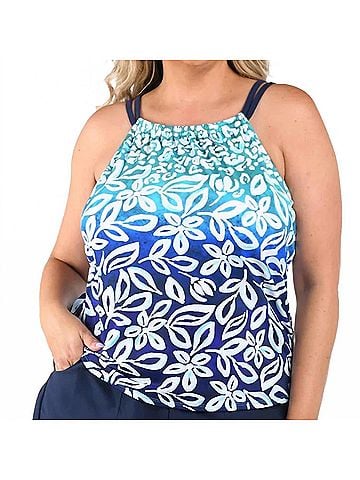 Maxine of Hollywood Into The Lagoon High Neck Tankini Top - Plus in Blue (view 2)