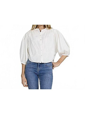 Dear John Button Down Collarless Top in White (view 2)
