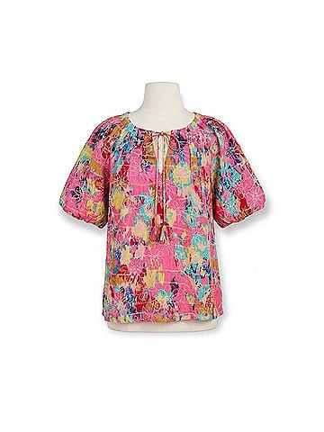 Jade Floral Breeze Pleated Puff Sleeve Top in Pink (view 1)