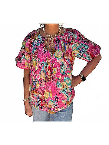 Jade Floral Breeze Pleated Puff Sleeve Top in Pink (view 2)
