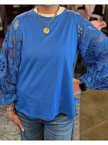 Jade Lace Sleeve Pullover in Blue (view 2)