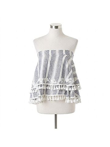 TRYB Women's Amaris Tassel Trim Embroidered Floral Strapless Top in White/Blue (view 1)