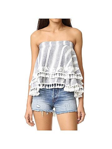 TRYB Women's Amaris Tassel Trim Embroidered Floral Strapless Top in White/Blue (view 2)