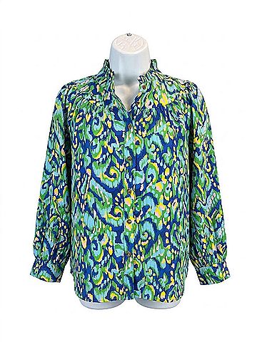 First Love Abstract Print Mandarin Collar Button Down Top in Blue/Yellow/Green (view 1)
