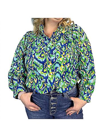 First Love Abstract Print Mandarin Collar Button Down Top in Blue/Yellow/Green (view 2)