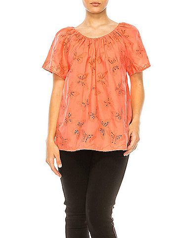 grand & greene Butterfly Eyelet Short Sleeve Top in Coral (view 2)