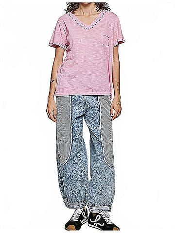 Pol Hand-Stitched Detail Slub Cotton Tee in Pink (view 2)