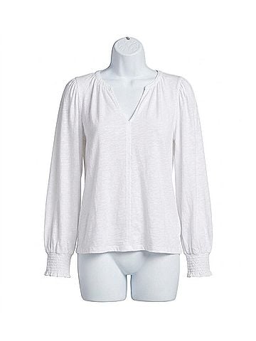 Bobi Smocked Sleeve Split Neck Top in Ballet Pink (view 1)