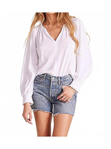 Bobi Smocked Sleeve Split Neck Top in Ballet Pink (view 2)
