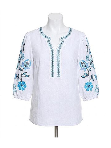 MULTIPLES Embroidered Notch-Neck Woven Top in Multi (view 1)