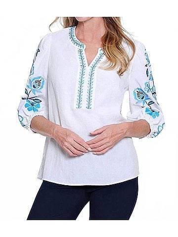 MULTIPLES Embroidered Notch-Neck Woven Top in Multi (view 2)