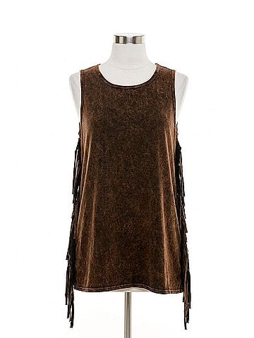 T Party Mineral Wash Fringe Side Top in Brown (view 1)