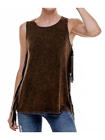 T Party Mineral Wash Fringe Side Top in Brown (view 2)