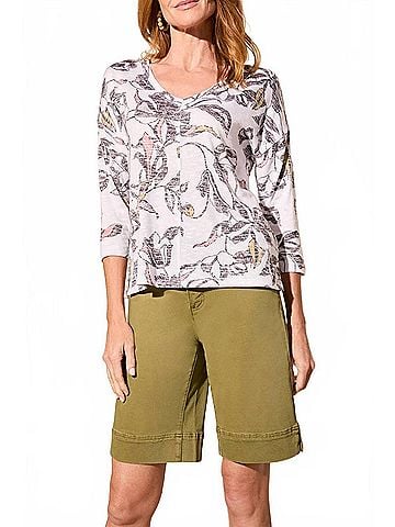 Tribal Combo Print 3/4 Sleeve V Neck-Crew Neck Top in Cocomilk (view 2)