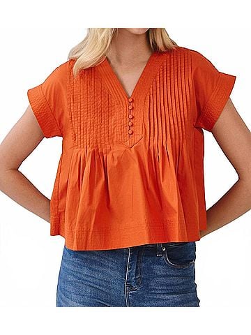TCEC Everyday Win Pintuck Pleated Detail Poplin Top in Orange (view 2)