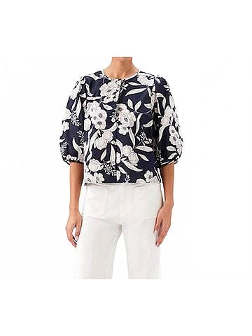 Karen Kane Puff Sleeve Button Front Top in Floral Print (view 2)