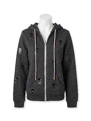 Style Reform Dotty Zip Up Hoodie in Black Glossy Mini Skulls Charcoal (view 1)