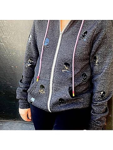 Style Reform Dotty Zip Up Hoodie in Black Glossy Mini Skulls Charcoal (view 2)