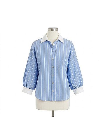 Karen Kane Stripe Lantern Sleeve Button-Up Shirt in Blue With Off White (view 1)