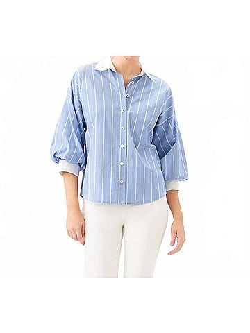 Karen Kane Stripe Lantern Sleeve Button-Up Shirt in Blue With Off White (view 2)