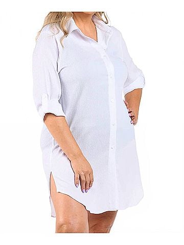 Maxine of Hollywood Woven Covers Button Down Tunic - Plus in White (view 2)