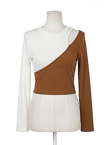 Esley Two-Tone Cutout Top in Coffee/White (view 1)