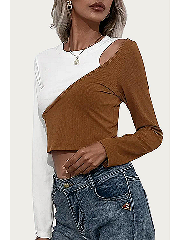 Esley Two-Tone Cutout Top in Coffee/White (view 2)