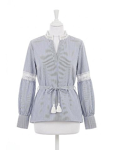 Haute Hippie Gaby Tie Waist Striped Top in Blue White Stripe (view 1)