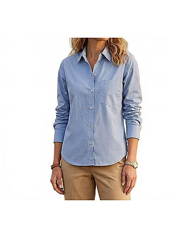 Karen Kane Ruched Sleeve Button-Up Shirt in Chambray (view 2)