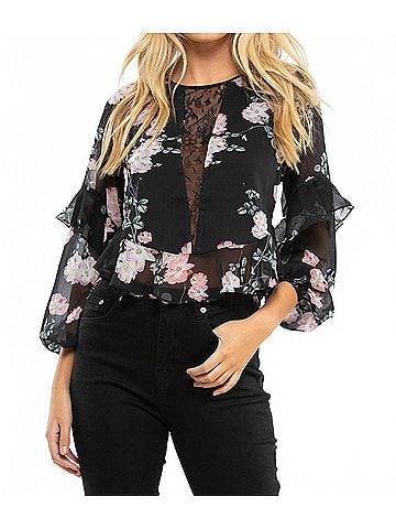 Blue Life Tomie Ruffle Hem Long Sleeve Top in Black Floral (view 2)