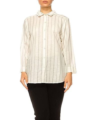 Hester & Orchard Long Sleeve Button Down Top in White Navy (view 2)