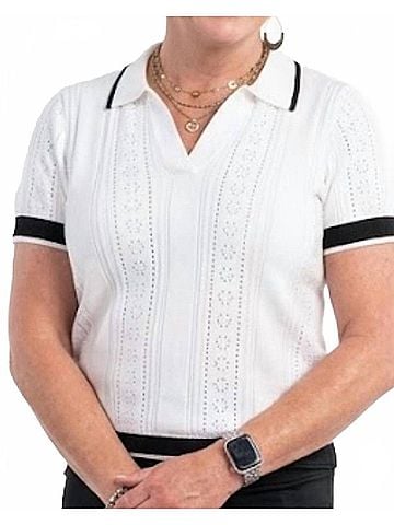 Tribal Short Sleeve Polo Sweater With Stripes Detail in White (view 2)