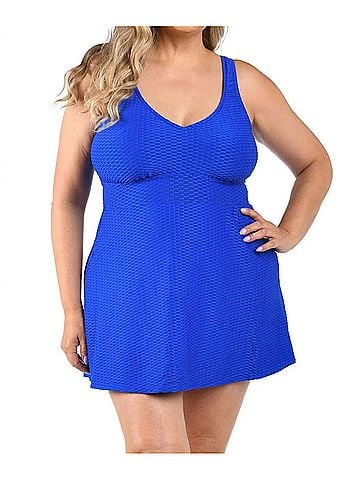 Maxine of Hollywood Textured Spa V-Neck Swim Dress One Piece - Plus in Cobalt (view 2)