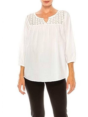 grand & greene Eyelet Split Neck Swing Top in White (view 2)
