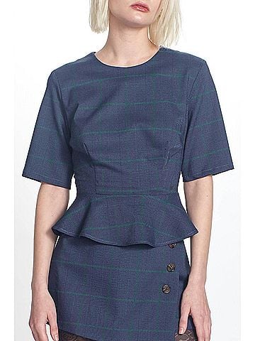 Corey Lynn Calter Yolanda Plaid Peplum in Navy (view 2)
