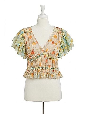 Mystree Flutter Sleeve Mesh Tiered Top in Butter &amp; Green (view 1)