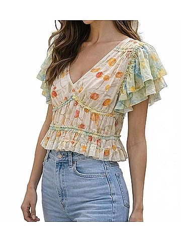 Mystree Flutter Sleeve Mesh Tiered Top in Butter &amp; Green (view 2)