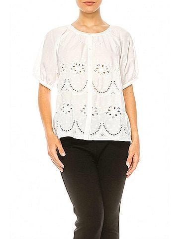 grand & greene Eyelet Design Short Sleeve Shirt in White (view 2)
