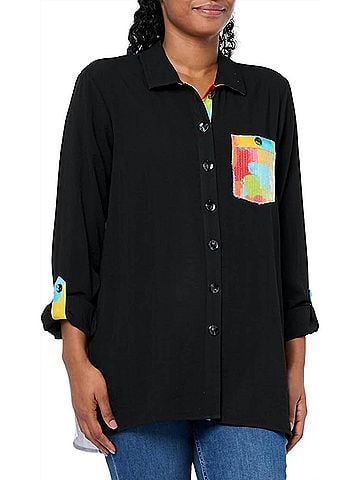 MULTIPLES Floral Back Tunic Top in Black Multi (view 2)