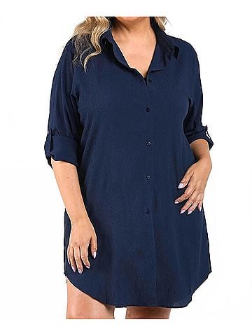 Maxine of Hollywood Woven Covers Button Down Tunic - Plus in Indigo (view 2)