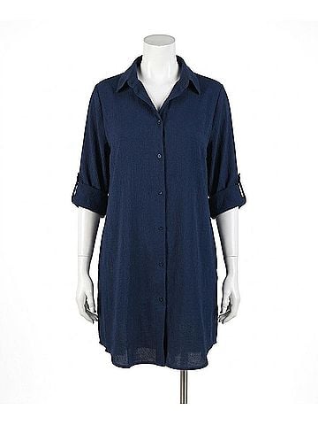 Maxine of Hollywood Woven Covers Button Down Tunic - Plus in Indigo (view 1)