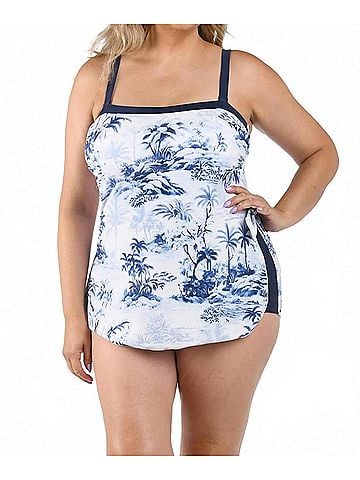 Maxine of Hollywood Toile De Tropical Bandeau Sarong One Piece - Plus in Blue And White (view 2)