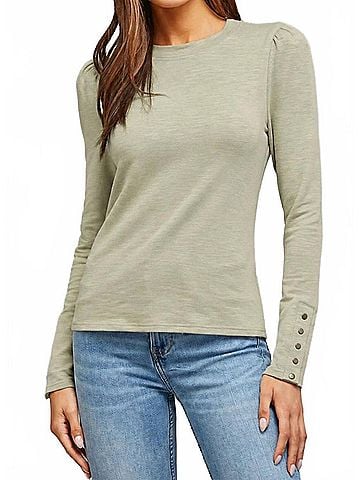Fate Slub Knit Puff Sleeve Top in Sage (view 2)