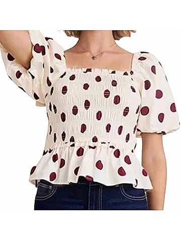 Francesca's Polka Dot Stretch Cotton Smocked Top in Cream Burgundy (view 2)