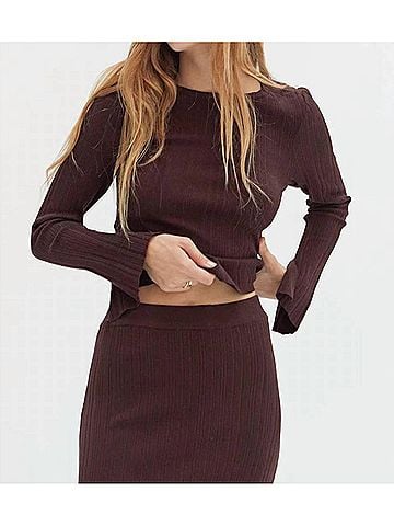 Crescent Long Sleeve Ribbed Knit Top in Chocolate (view 2)