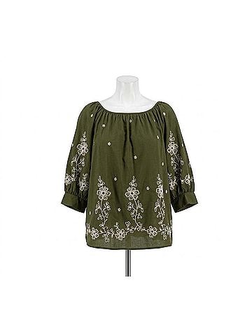 Karen Kane Embroidered Blouson Sleeve Top in Olive (view 1)