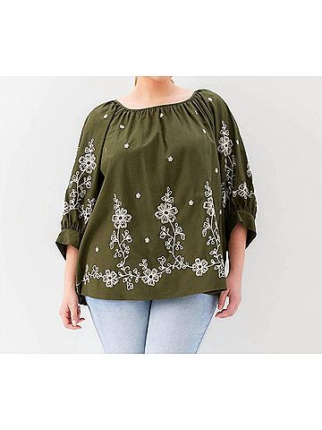Karen Kane Embroidered Blouson Sleeve Top in Olive (view 2)