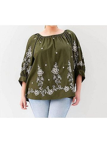 Karen Kane Embroidered Blouson Sleeve Top in Olive (view 2)