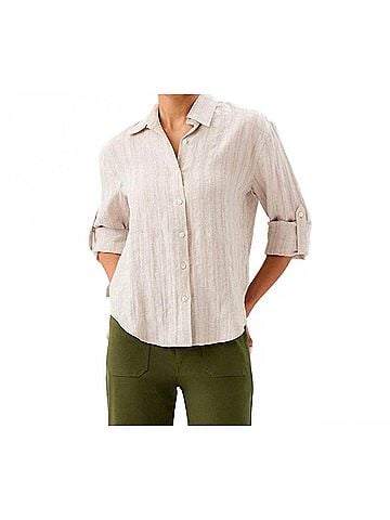 Karen Kane Stripe Linen Roll-Tab Shirt in Oatmeal (view 2)
