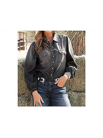 Cruel Girl Long Sleeve Western Snap Shirt in Black Chambray (view 2)